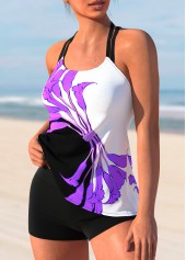 Purple swimwear,Floral swimwear,ROTITA Cross Strap Floral Print Tankini Set