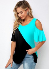 Multi Color tops,Contrast Color tops,ROTITA Round Neck Cold Shoulder Flare Sleeve T Shirt