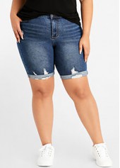 Blue plus size,Plain Color plus size,ROTITA Plus Size Shredded Denim Blue Shorts
