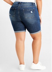 Blue plus size,Plain Color plus size,ROTITA Plus Size Shredded Denim Blue Shorts