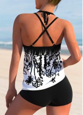 Black swimwear,Floral swimwear,ROTITA Halter Spaghetti Strap Floral Print Tankini Set 