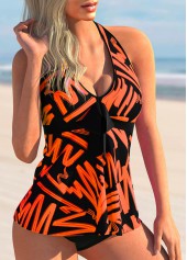 Orange swimwear,Floral swimwear,ROTITA Bowknot Detail Printed Halter Tankini Set 