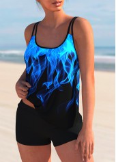 Blue swimwear,Floral swimwear,ROTITA Spaghetti Strap Flame Print Tankini Set 