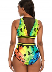 Multi Color swimwear,Geometric swimwear,Mesh Stitching High Waist Printed Bikini Set 