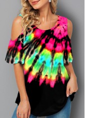 ROTITA Cold Shoulder Tie Dye Print Half Sleeve T Shirt