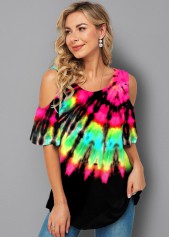 Multi Color tops,Tie Dye tops,ROTITA Cold Shoulder Tie Dye Print Half Sleeve T Shirt
