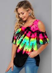 Multi Color tops,Tie Dye tops,ROTITA Cold Shoulder Tie Dye Print Half Sleeve T Shirt