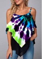 ROTITA Asymmetric Hem Tie Dye Print Mesh Stitching T Shirt