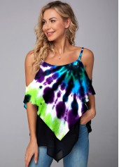 Multi Color tops,Tie Dye tops,ROTITA Asymmetric Hem Tie Dye Print Mesh Stitching T Shirt