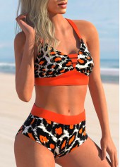 Orange swimwear,Leopard swimwear,ROTITA Criss Cross Back Leopard High Waisted Bikini Set