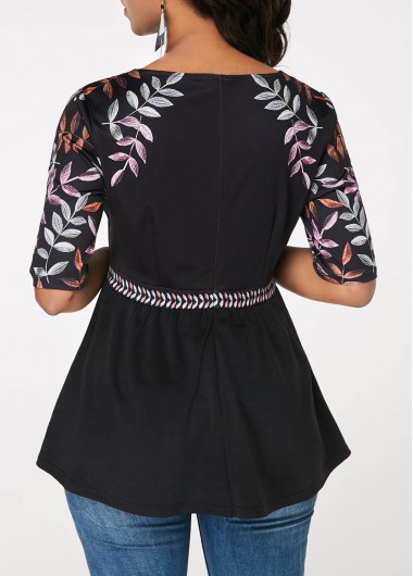 Black tops,Floral tops,ROTITA Black V Neck Printed Half Sleeve T Shirt