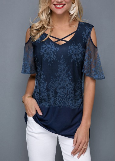 Navy tops,Plain Color tops,ROTITA Cold Shoulder Cross Strap Lace Panel T Shirt