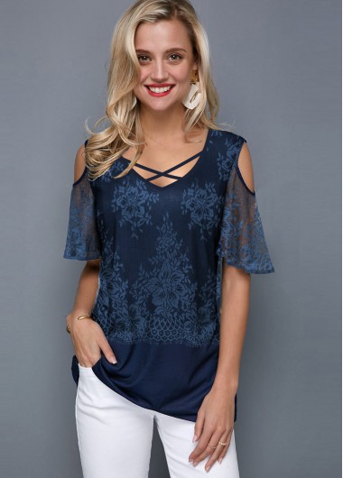 Navy tops,Plain Color tops,ROTITA Cold Shoulder Cross Strap Lace Panel T Shirt