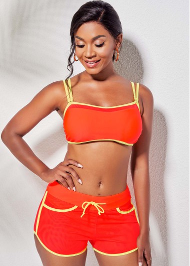 Orange swimwear,Contrast Color swimwear,ROTITA Tie Front Double Strap Contrast Piping Bikini Set