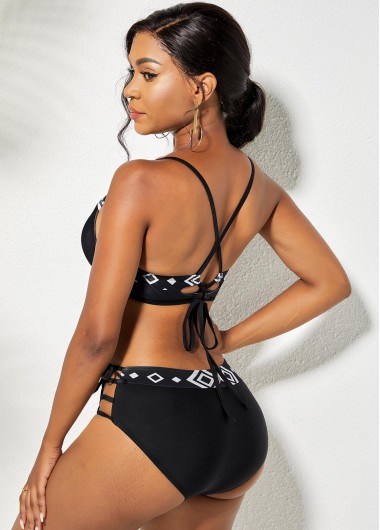 Black swimwear,Geometric swimwear,ROTITA Lace Up Geometric Print Bikini Set
