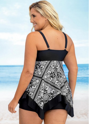 Black plus size,Floral plus size,ROTITA Printed Asymmetric Hem Plus Size Swimdress and Shorts