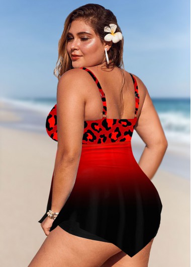 Red plus size,Leopard plus size,ROTITA Plus Size Leopard Asymmetric Hem Swimdress and Shorts
