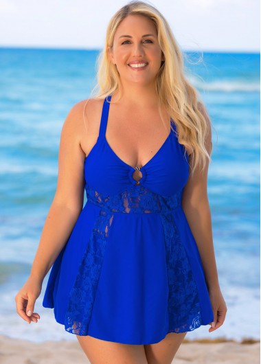 Blue plus size,Plain Color plus size,ROTITA Lace Stitching Plus Size Cross Strap Swimdress and Shorts
