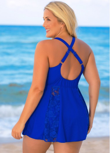 Blue plus size,Plain Color plus size,ROTITA Lace Stitching Plus Size Cross Strap Swimdress and Shorts