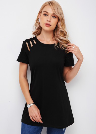 Black tops,Plain Color tops,ROTITA Round Neck Short Sleeve Ladder Cutout T Shirt