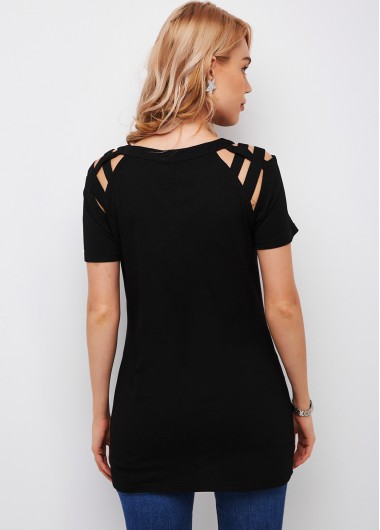 Black tops,Plain Color tops,ROTITA Round Neck Short Sleeve Ladder Cutout T Shirt