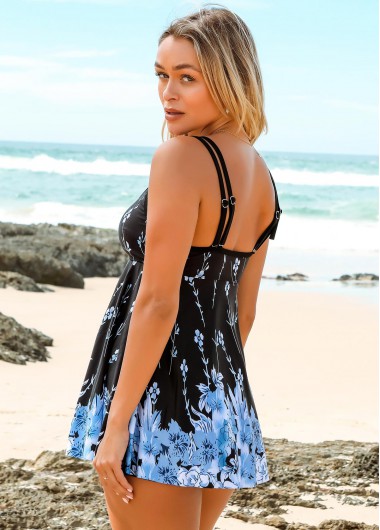 Black swimwear,Floral swimwear,ROTITA Cross Strap Floral Print Double Straps Swimdress and Shorts