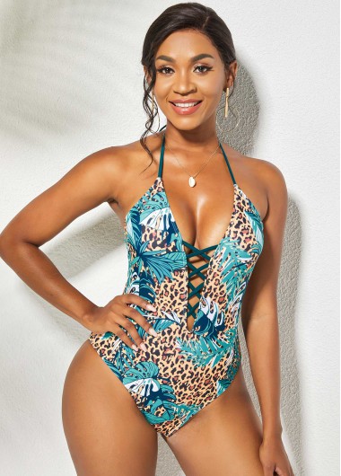 Cyan swimwear,Leopard swimwear,Lace Up Halter Leopard One Piece Swimwear