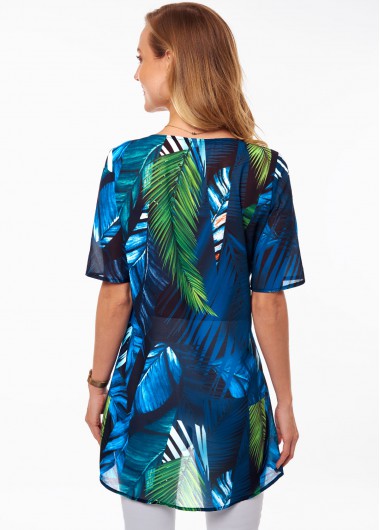 Multi Color tops,Plants tops,ROTITA Leaf Print Faux Two Piece V Neck Blouse