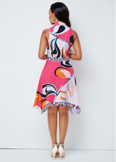 Multi Color dresses,Floral dresses,ROTITA Turndown Collar Asymmetric Hem Printed Dress