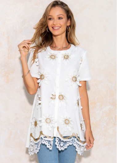 White tops,Contrast Color tops,ROTITA Round Neck Lace Stitching Short Sleeve T Shirt