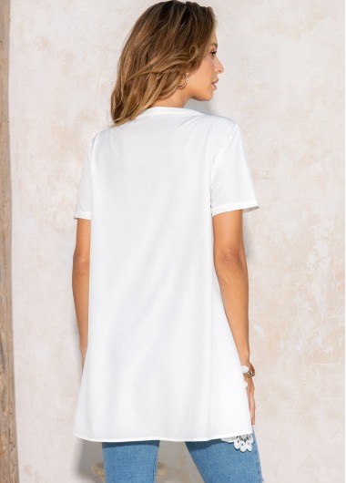 White tops,Contrast Color tops,ROTITA Round Neck Lace Stitching Short Sleeve T Shirt