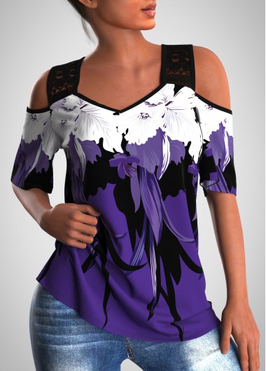 Dark Purple tops,Floral tops,ROTITA Cold Shoulder Lace Stitching Floral Print T Shirt