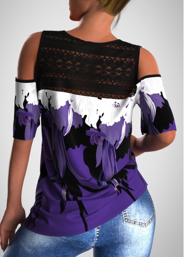 Dark Purple tops,Floral tops,ROTITA Cold Shoulder Lace Stitching Floral Print T Shirt