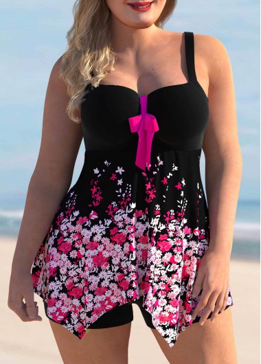 Rotita Plus Size Bowknot Floral Print Swimdress And Panty