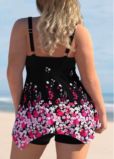 Hot Pink plus size,Floral plus size,ROTITA Plus Size Bowknot Floral Print Swimdress and Panty