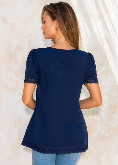 Navy tops,Plain Color tops,ROTITA Lace Stitching Short Sleeve Crinkle Chest T Shirt