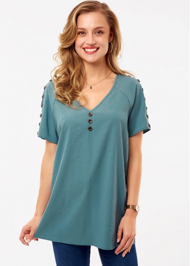 Green tops,Plain Color tops,ROTITA V Neck Button Detail Short Sleeve Blouse