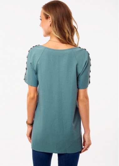 Green tops,Plain Color tops,ROTITA V Neck Button Detail Short Sleeve Blouse