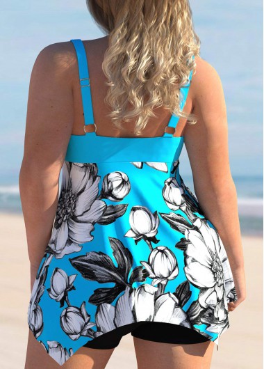 Blue plus size,Floral plus size,ROTITA Bowknot Plus Size Floral Print Swimdress and Shorts