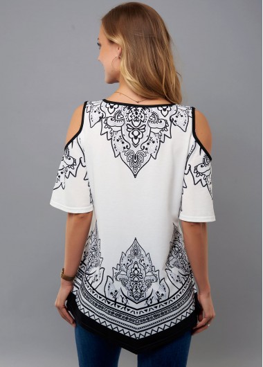 White tops,Tribal tops,ROTITA Cold Shoulder Tribal Print Asymmetric Hem T Shirt