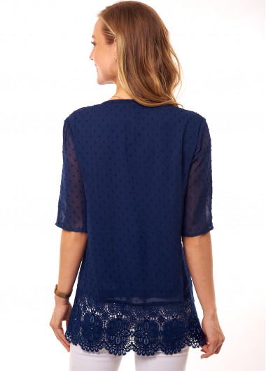 Navy tops,Plain Color tops,ROTITA Lace Stitching Crinkle Chest Button Detail T Shirt