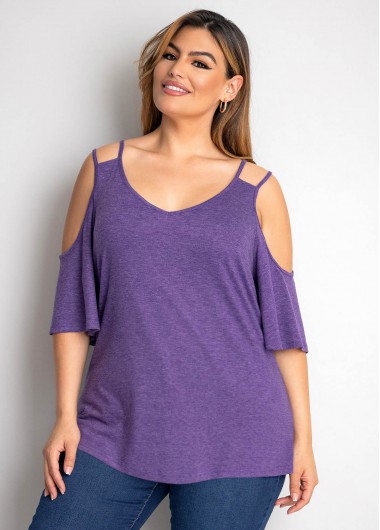 Dusty Purple plus size,Plain Color plus size,ROTITA Plus Size Cold Shoulder Solid T Shirt