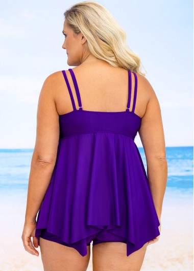 Purple plus size,Plain Color plus size,ROTITA Asymmetric Hem Plus Size Cross Front Swimdress and Shorts