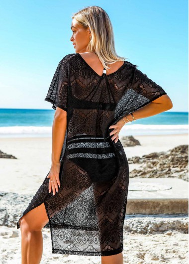Black swimwear,Plain Color swimwear,ROTITA Black Side Slit V Neck Cover Up