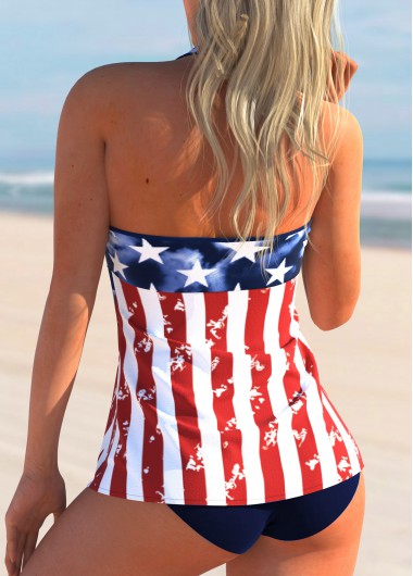 Navy swimwear,Flag swimwear,ROTITA Bowknot Detail American Flag Print Tankini Set