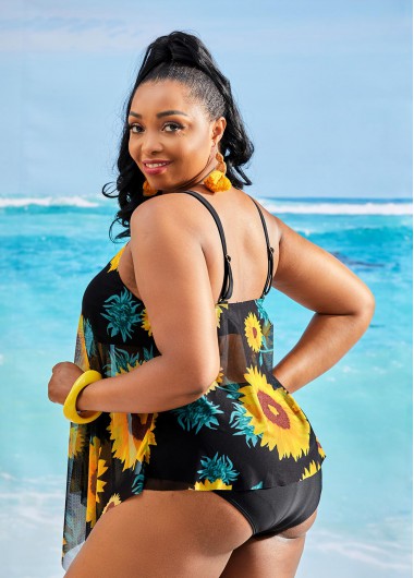 Yellow plus size,Plants plus size,ROTITA Sunflower Print Asymmetric Hem Plus Size Tankini Set