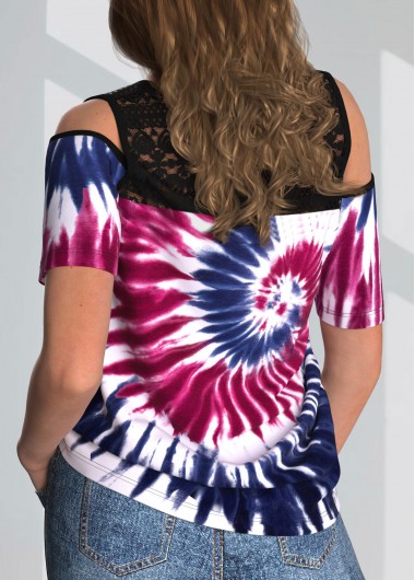 Multi Color tops,Tie Dye tops,ROTITA Lace Stitching Tie Dye Print Cold Shoulder T Shirt