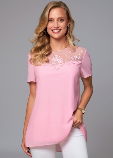 Pink tops,Plain Color tops,ROTITA Short Sleeve Lace Stitching Round Neck Blouse