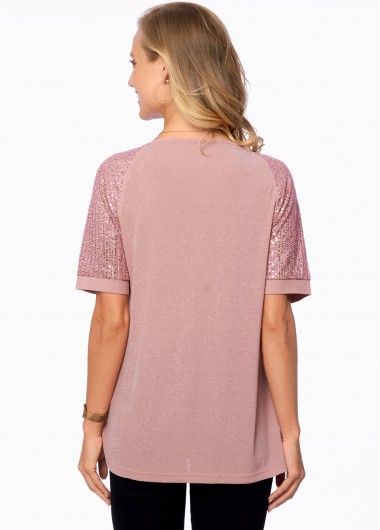 Light Pink tops,Plain Color tops,ROTITA Sequin Quarter Zip Short Sleeve T Shirt