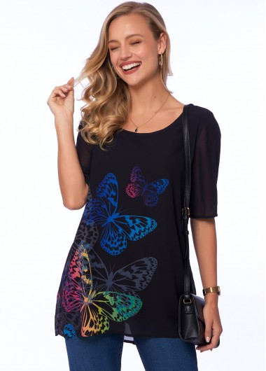 Multi Color tops,Floral tops,ROTITA Butterfly Print Round Neck Half Sleeve T Shirt